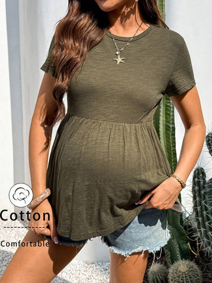Army Green Cotton Maternity T-Shirt with Ruffle Hem - Short Sleeve Round Neck Summer Casual Top for Country Concert Outfits