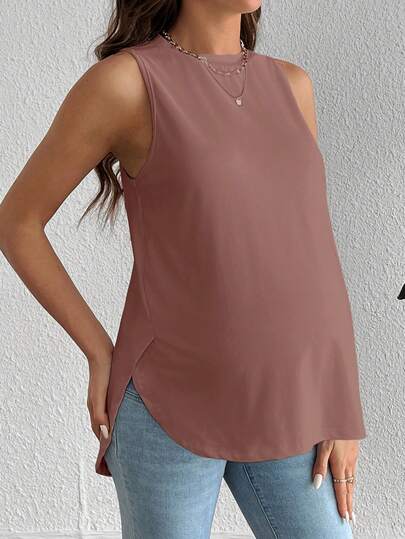 Dusty Pink Maternity Tank Top - Sleeveless Round Neck High Stretch Knitted Summer Top for Casual Travel
