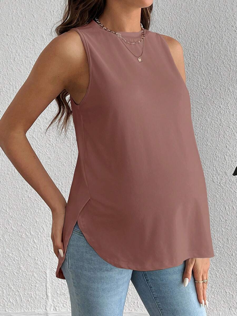 White Asymmetrical Maternity Tank Top - Casual Round Neck High Stretch Loose Fit Knitted Sleeveless Shirt for Travel & Daily Wear