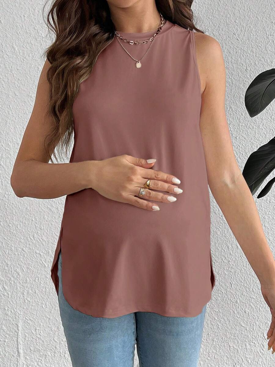 Dusty Pink Maternity Tank Top - Sleeveless Round Neck High Stretch Knitted Summer Top for Casual Travel