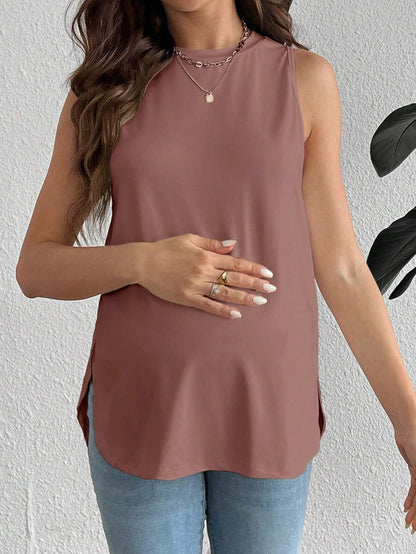 White Asymmetrical Maternity Tank Top - Casual Round Neck High Stretch Loose Fit Knitted Sleeveless Shirt for Travel & Daily Wear