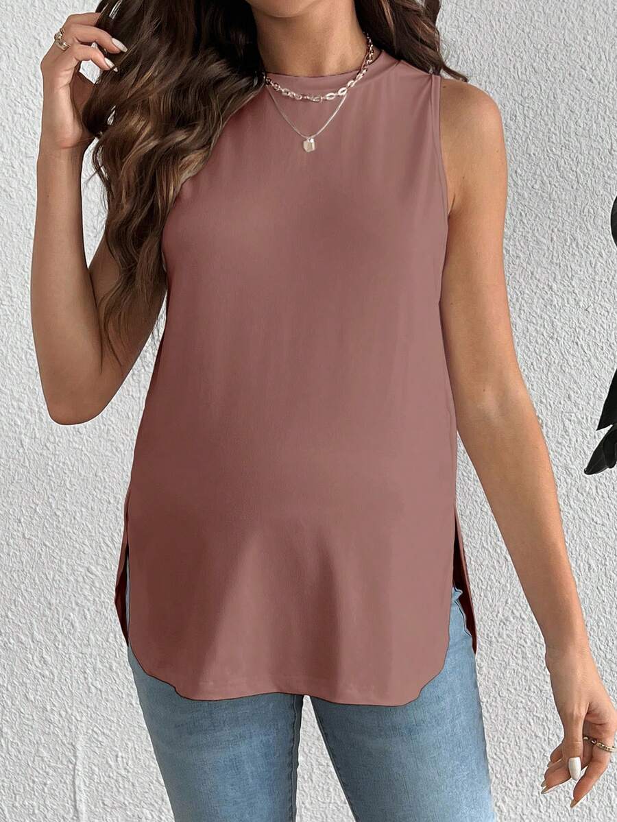 SHEIN Maternity Casual Daily Commute Solid Color Curved Hem Tank Top, Summer