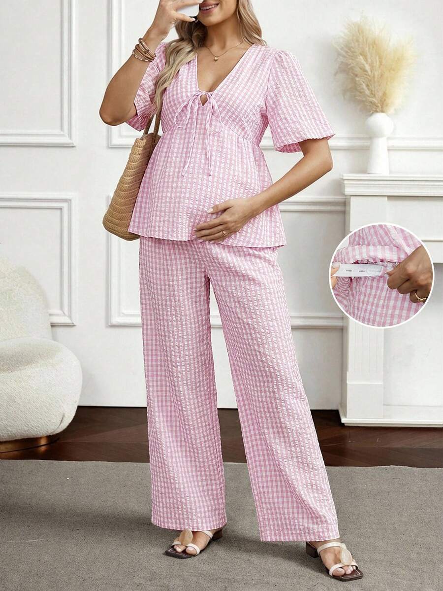 Maternity 2-Piece Plaid Lounge Set - Baby Blue Lace-Up Ruffle Blouse and Wide Leg Pants Set