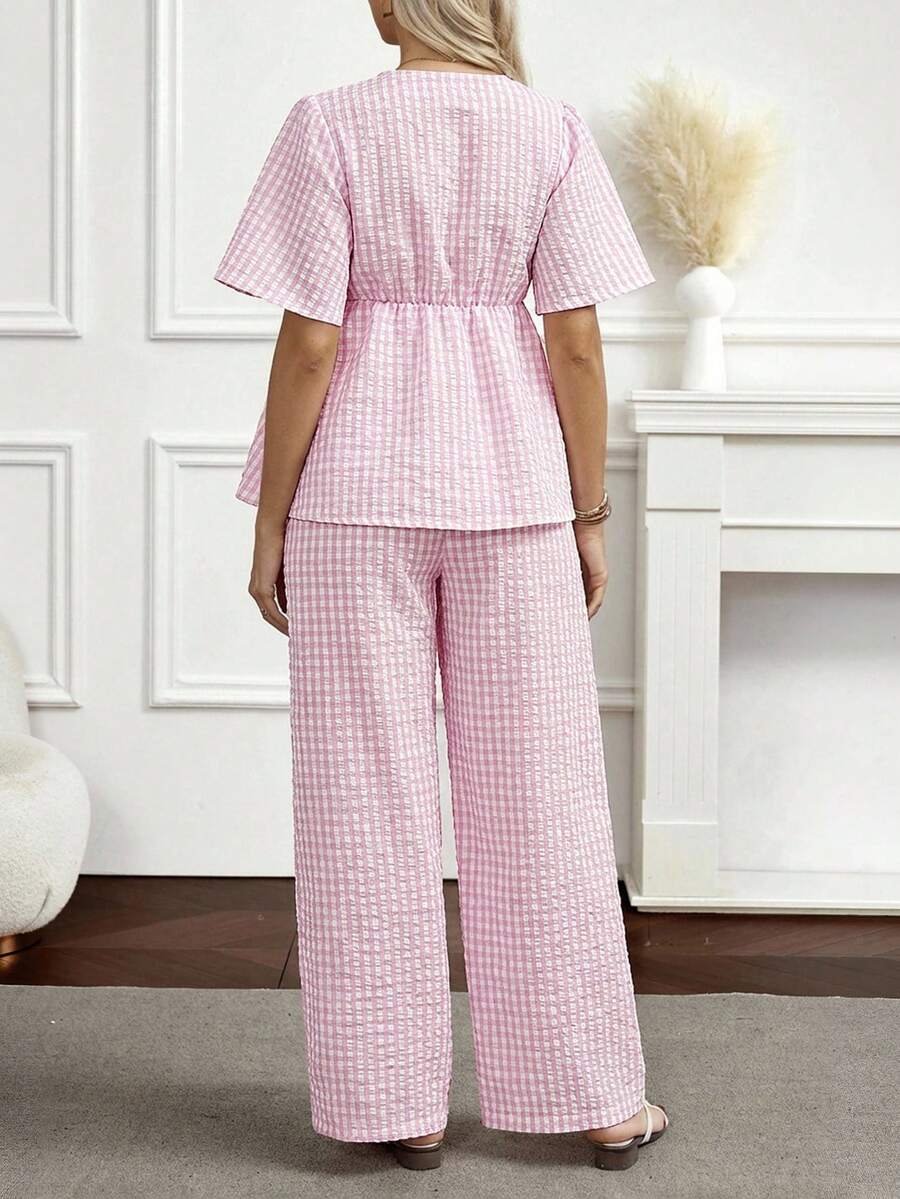 Maternity 2-Piece Plaid Lounge Set - Baby Blue Lace-Up Ruffle Blouse and Wide Leg Pants Set