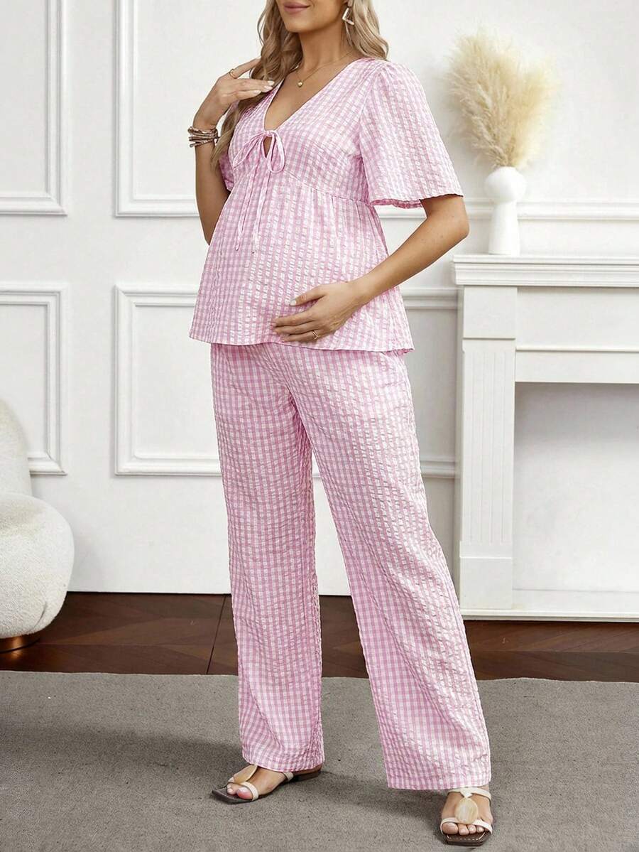 Maternity 2-Piece Plaid Lounge Set - Baby Blue Lace-Up Ruffle Blouse and Wide Leg Pants Set