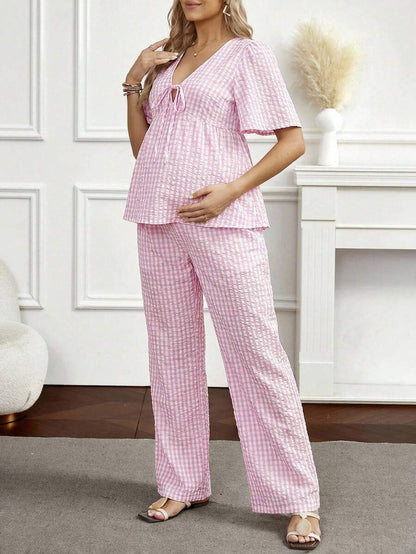 Maternity 2-Piece Plaid Lounge Set - Baby Blue Lace-Up Ruffle Blouse and Wide Leg Pants Set