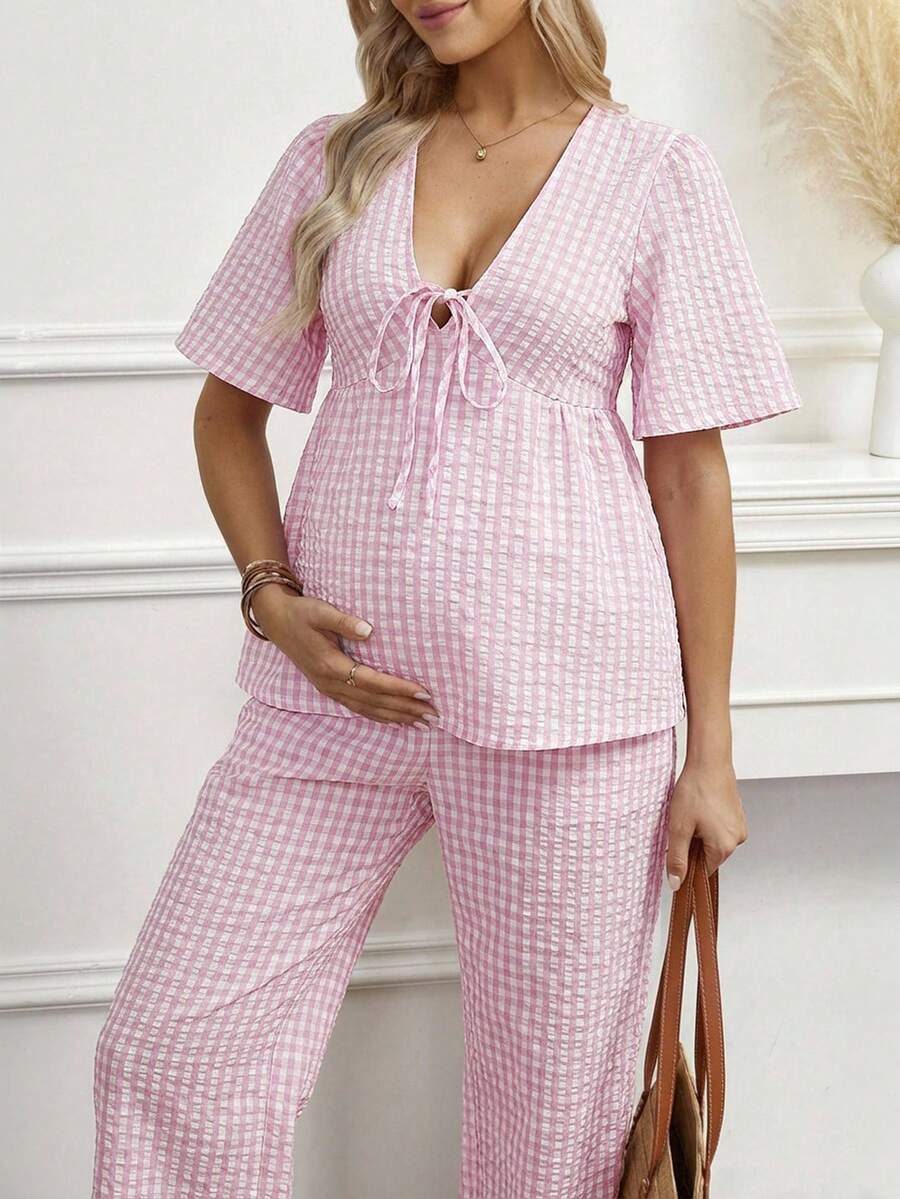 Maternity 2-Piece Plaid Lounge Set - Baby Blue Lace-Up Ruffle Blouse and Wide Leg Pants Set