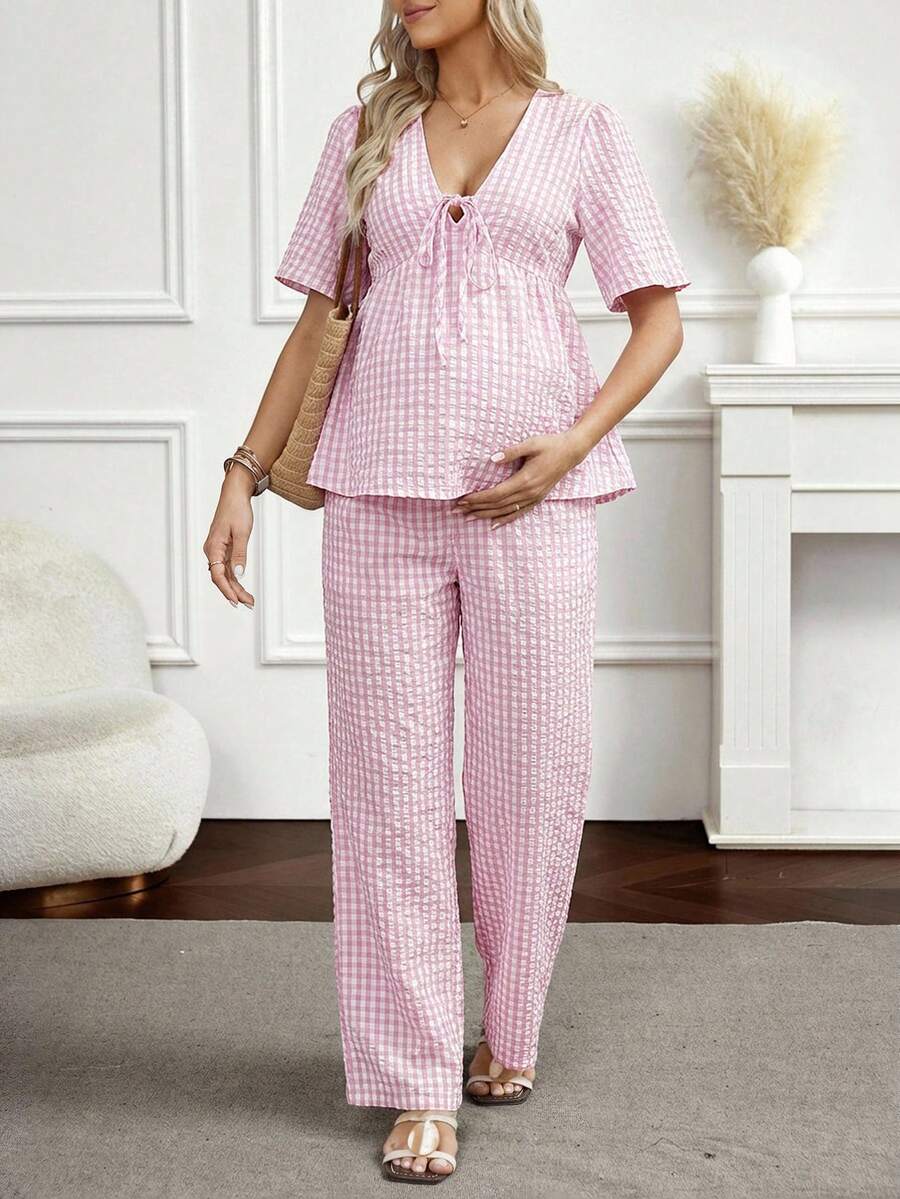 Maternity 2-Piece Plaid Lounge Set - Baby Blue Lace-Up Ruffle Blouse and Wide Leg Pants Set