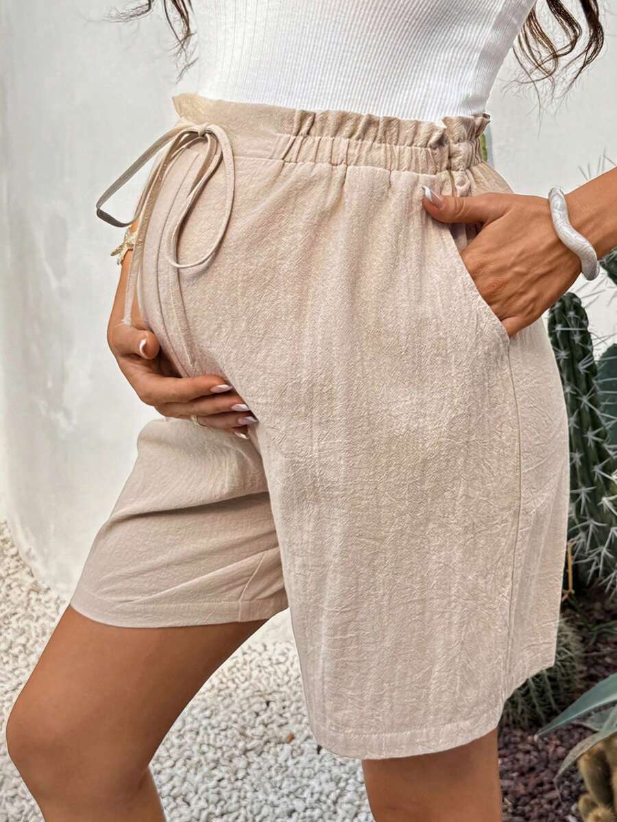 Khaki Cotton Maternity Bermuda Shorts - Adjustable High Waist Drawstring Summer Shorts with Pockets for Casual Beach Vacations