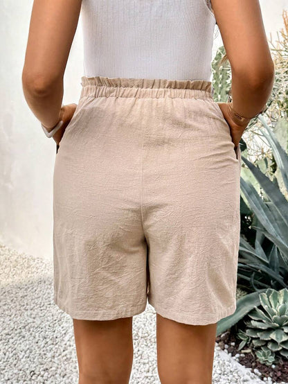 Khaki Cotton Maternity Bermuda Shorts - Adjustable High Waist Drawstring Summer Shorts with Pockets for Casual Beach Vacations