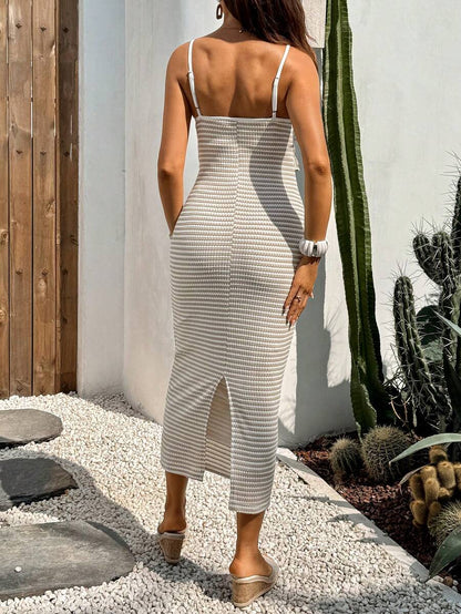 Khaki Striped Ruffled Slit Maternity Dress, Stylish For Dates, Maternity Wear, Maternity Dresses, Maternity-Friendly Clothing, Summer Maternity Wear, Best Maternity Wear, Beach Vacation, Summer Leisure Vacation.