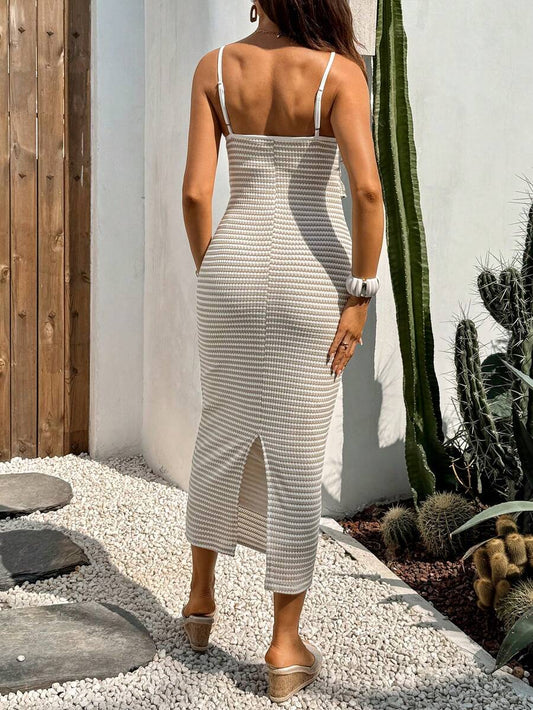 Khaki Striped Ruffled Slit Maternity Dress, Stylish For Dates, Maternity Wear, Maternity Dresses, Maternity-Friendly Clothing, Summer Maternity Wear, Best Maternity Wear, Beach Vacation, Summer Leisure Vacation.