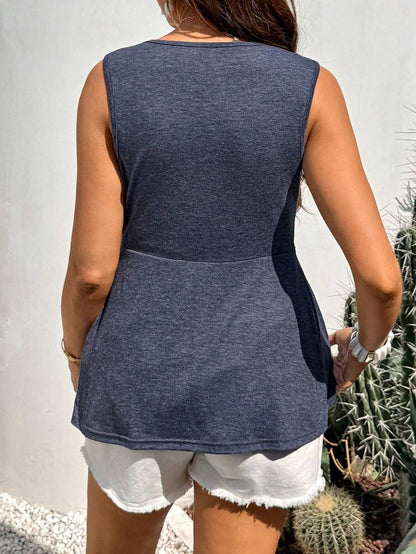 Blue V-Neck Knotted Maternity Tank Top - High-Stretch Draped Sleeveless Vest for Pregnancy, Sports & Postpartum Wear