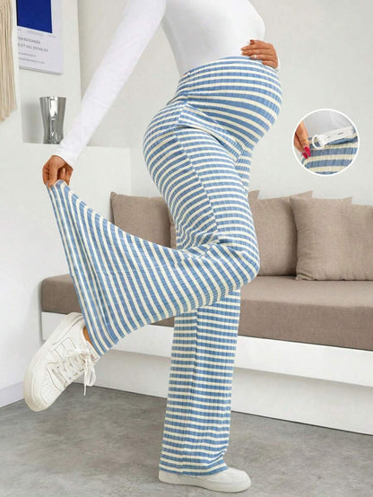 Maternity Wide Leg Pants - High Waist Striped Belly Support, Brown