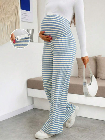 Maternity Plus Size High Waist Striped Wide Leg Pants - Black & Gray Knit Belly Support Lounge Trousers