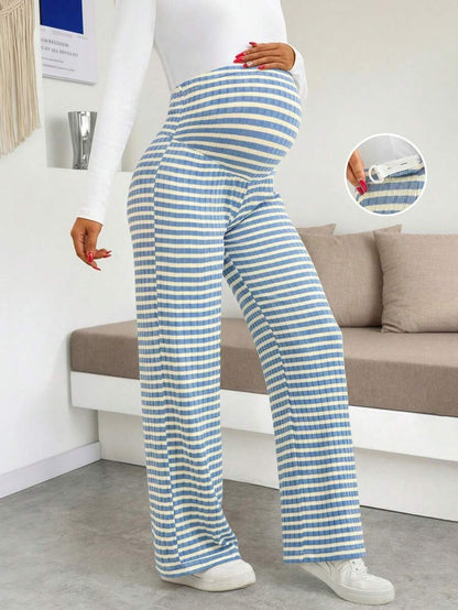 Maternity Wide Leg Pants - High Waist Striped Belly Support, Brown