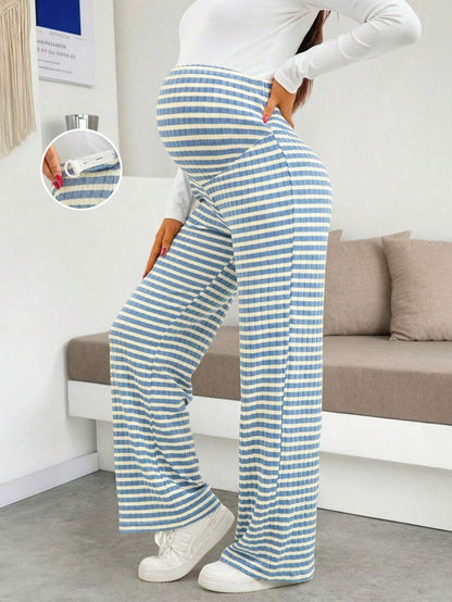 Maternity Wide Leg Pants - High Waist Striped Belly Support, Brown