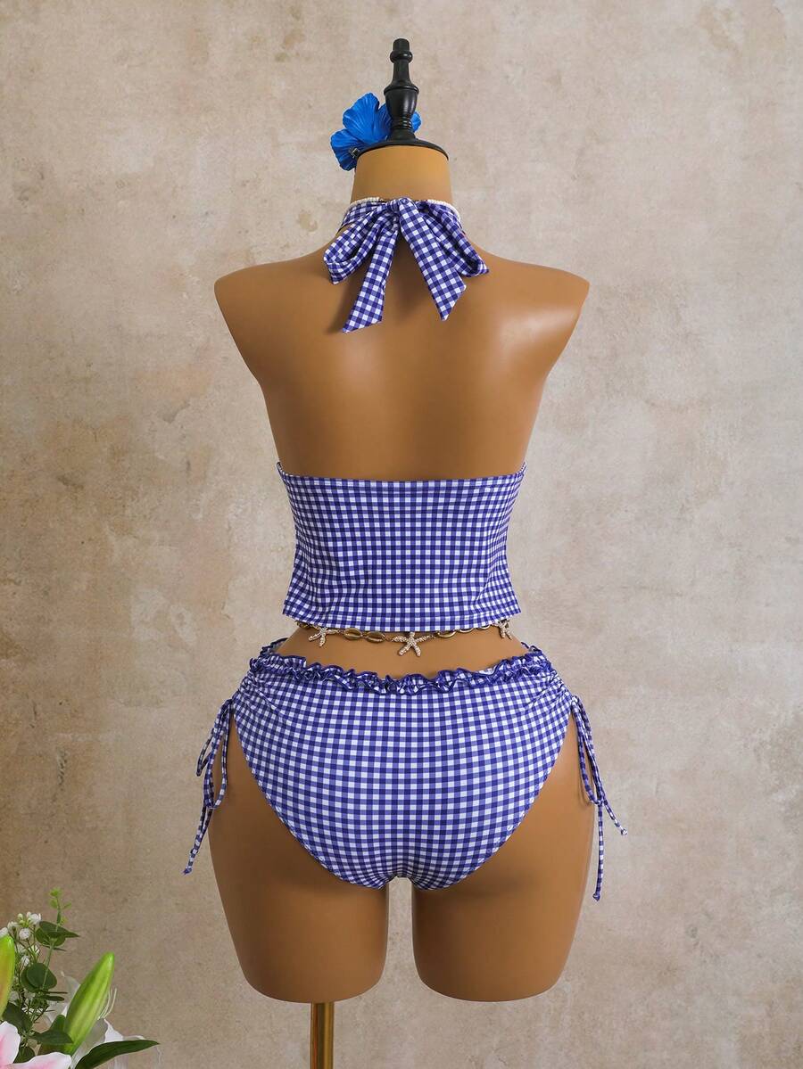 Women's 2-Piece Polka Dot Bikini Set - Ruffle Trim, Halter, Cropped Top, Black