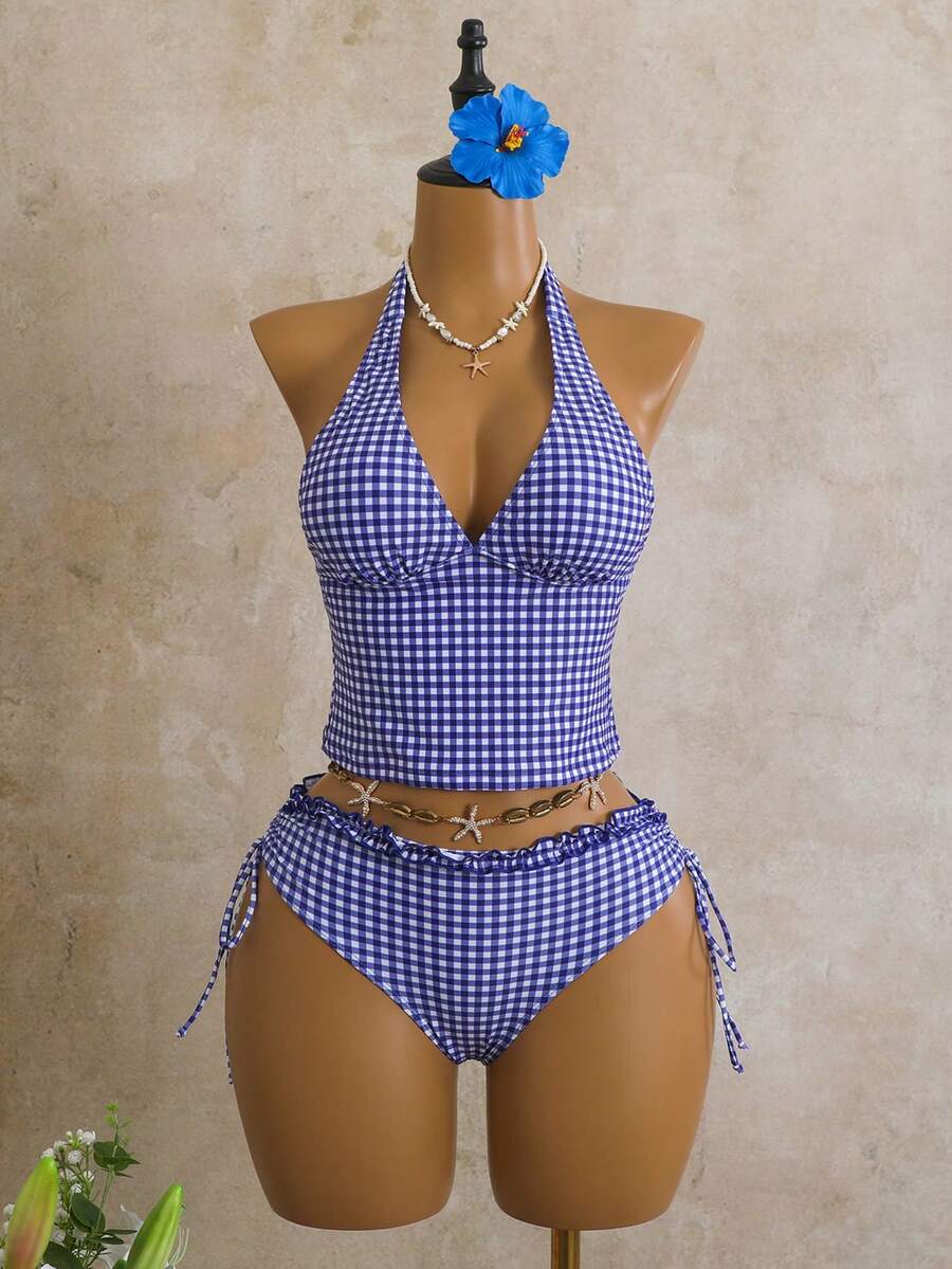 Women's 2-Piece Polka Dot Bikini Set - Ruffle Trim, Halter, Cropped Top, Black