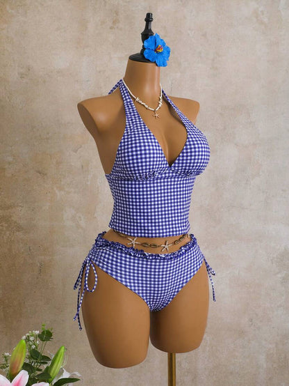 Women's 2-Piece Polka Dot Bikini Set - Ruffle Trim, Halter, Cropped Top, Black