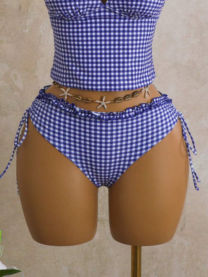 Women's 2-Piece Polka Dot Bikini Set - Ruffle Trim, Halter, Cropped Top, Black