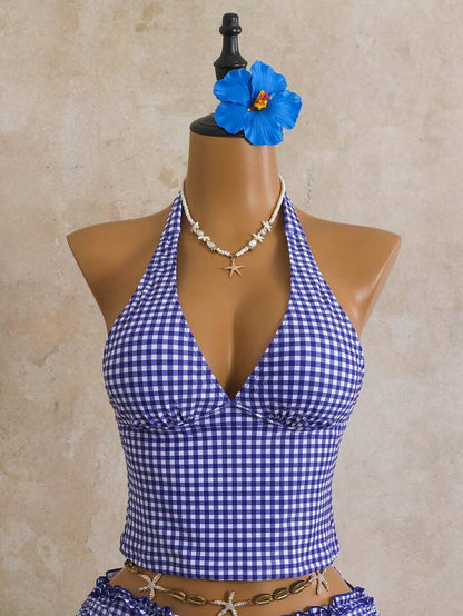 Women's 2-Piece Polka Dot Bikini Set - Ruffle Trim, Halter, Cropped Top, Black