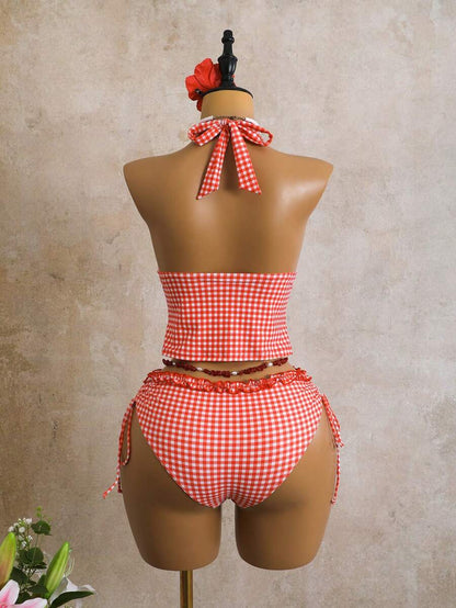 Women's 2-Piece Polka Dot Bikini Set - Ruffle Trim, Halter, Cropped Top, Black