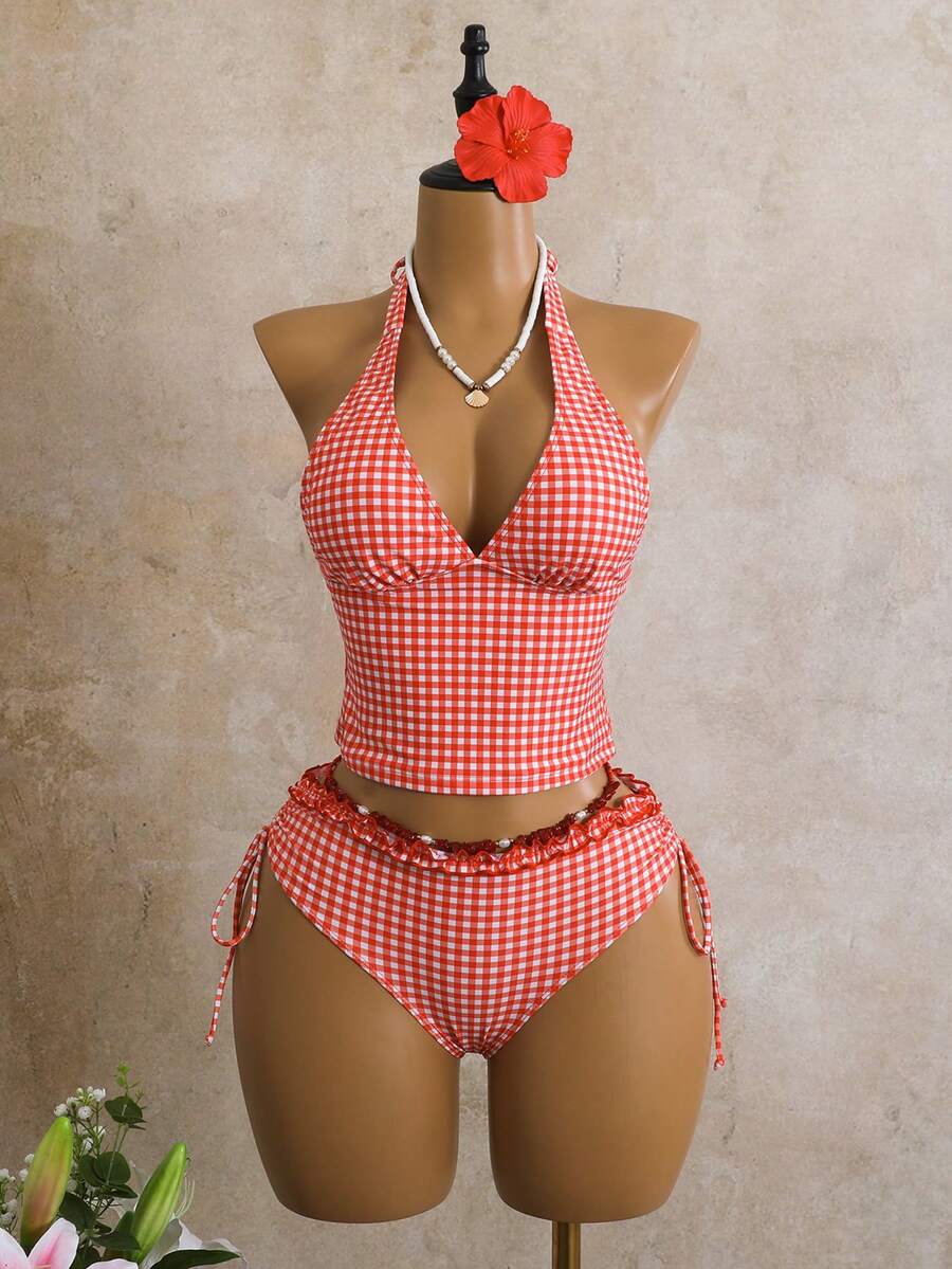 Women's 2-Piece Polka Dot Bikini Set - Ruffle Trim, Halter, Cropped Top, Black