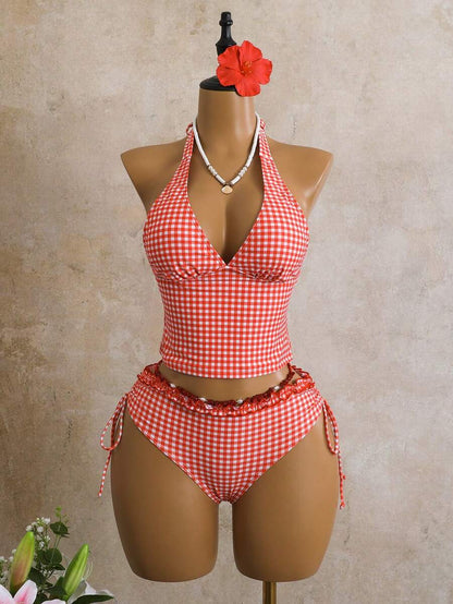 Women's 2-Piece Polka Dot Bikini Set - Ruffle Trim, Halter, Cropped Top, Black