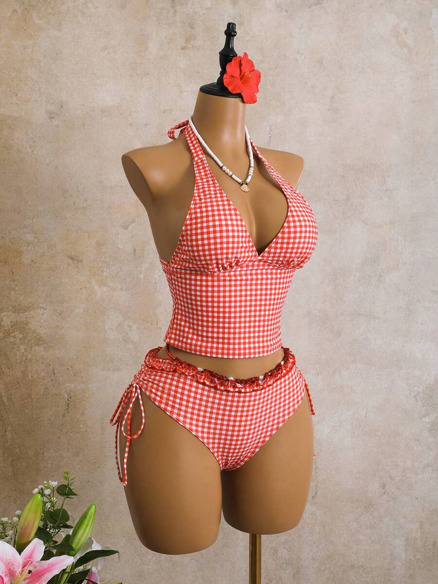 Women's 2-Piece Polka Dot Bikini Set - Ruffle Trim, Halter, Cropped Top, Black