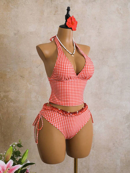 Women's 2-Piece Polka Dot Bikini Set - Ruffle Trim, Halter, Cropped Top, Black
