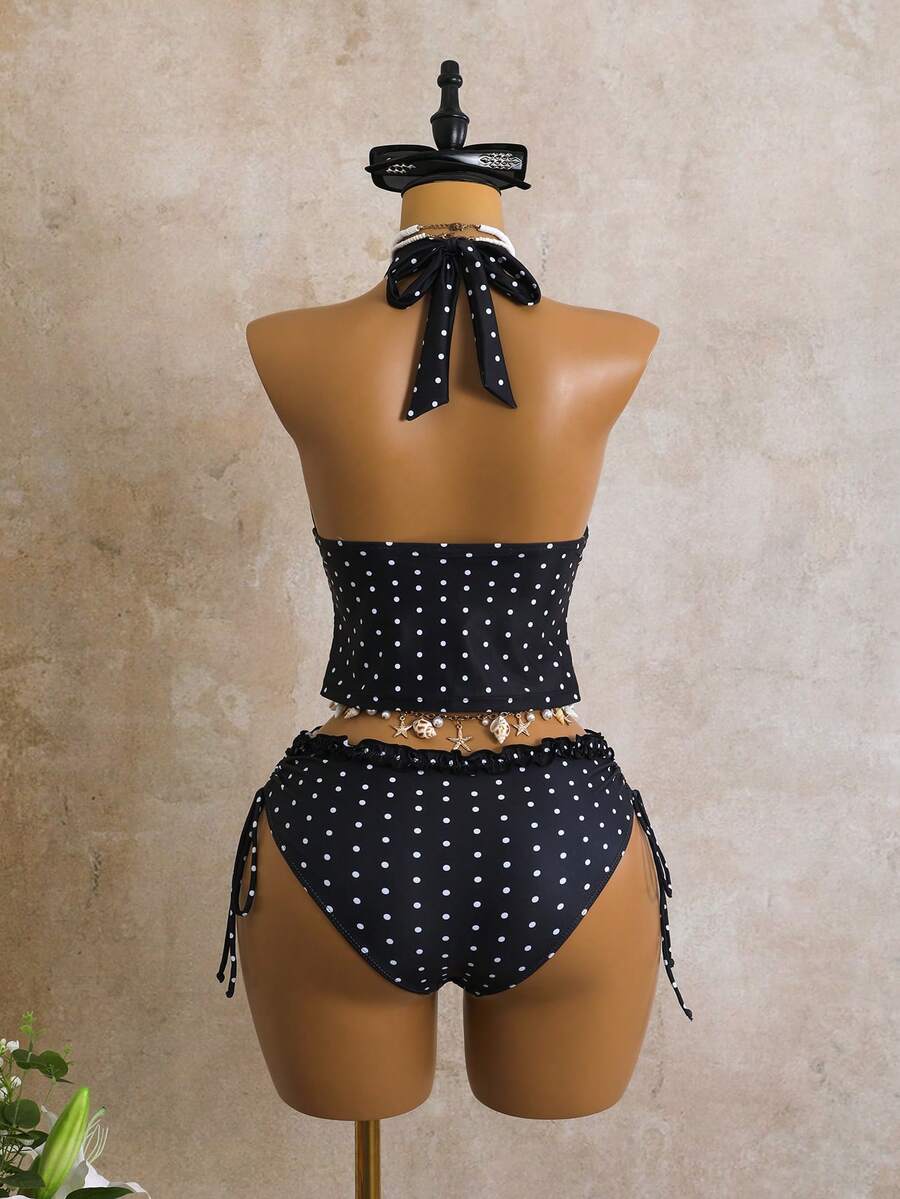 Women's 2-Piece Polka Dot Bikini Set - Ruffle Trim, Halter, Cropped Top, Black