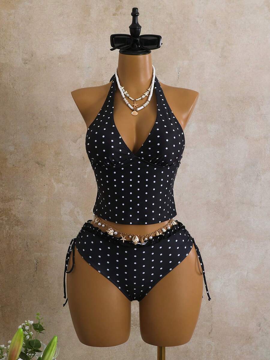 Women's 2-Piece Polka Dot Bikini Set - Ruffle Trim, Halter, Cropped Top, Black