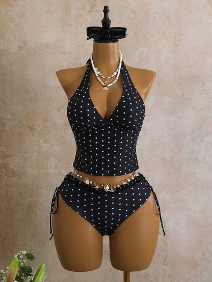 Women's 2-Piece Polka Dot Bikini Set - Ruffle Trim, Halter, Cropped Top, Black