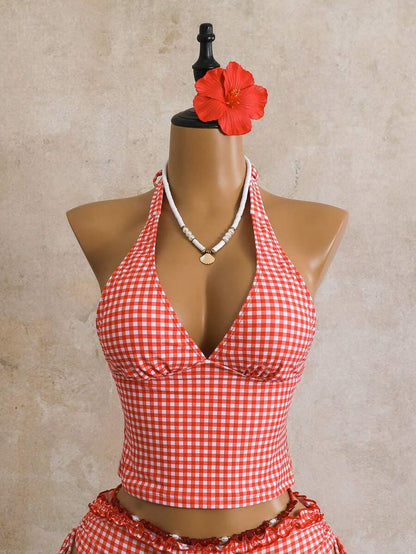 Women's 2-Piece Polka Dot Bikini Set - Ruffle Trim, Halter, Cropped Top, Black