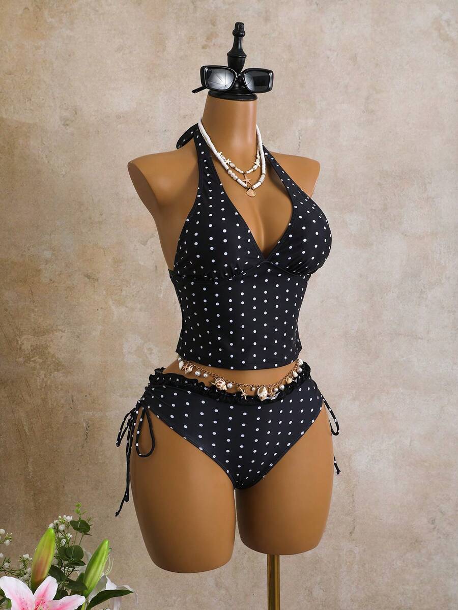 Women's 2-Piece Polka Dot Bikini Set - Ruffle Trim, Halter, Cropped Top, Black