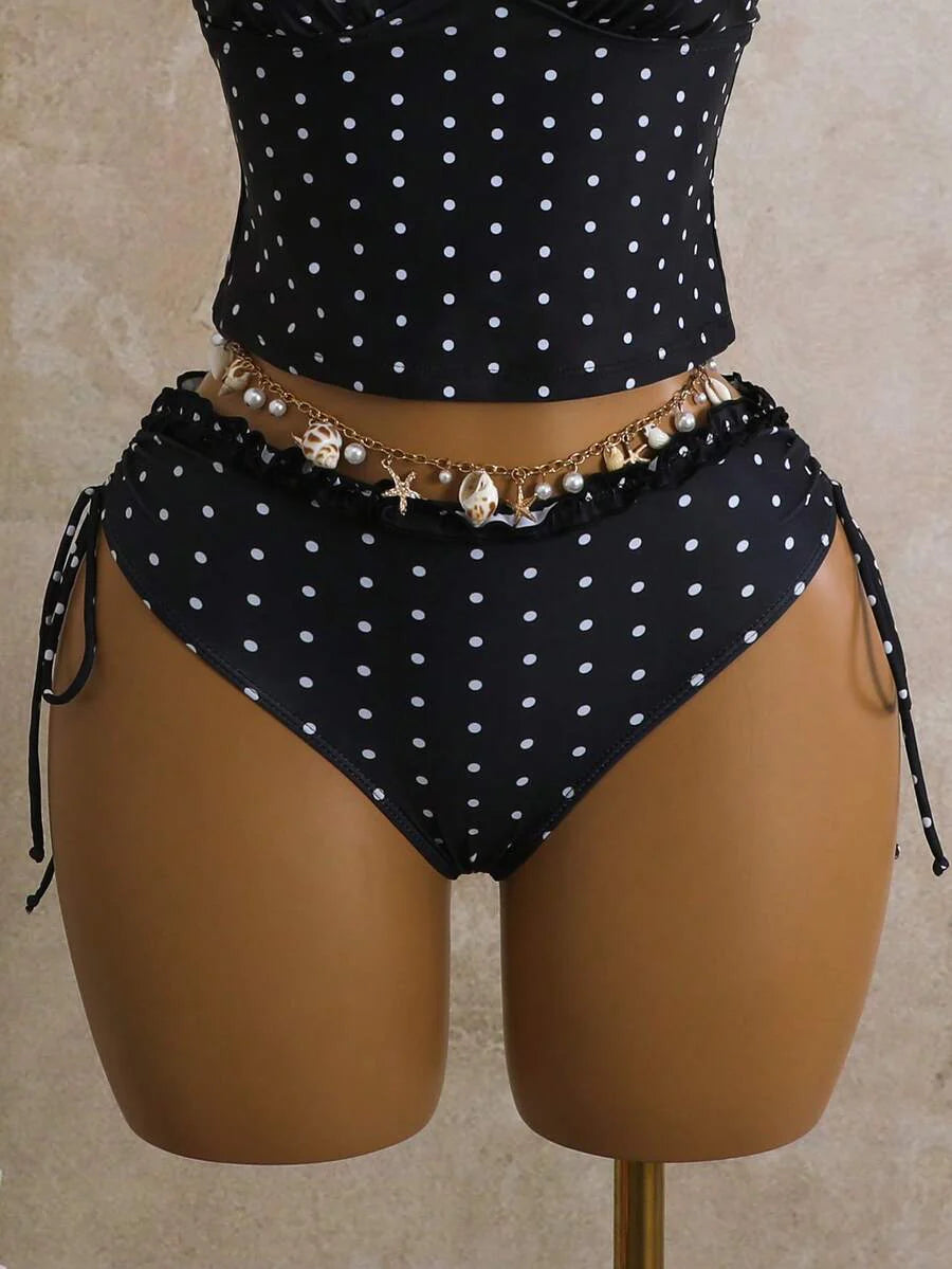 Women's 2-Piece Polka Dot Bikini Set - Ruffle Trim, Halter, Cropped Top, Black