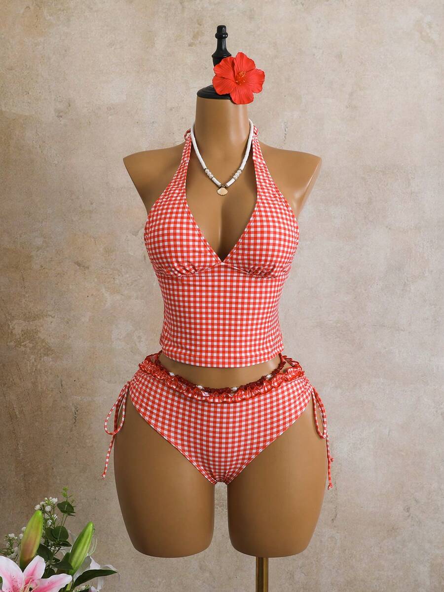 Women's 2-Piece Polka Dot Bikini Set - Ruffle Trim, Halter, Cropped Top, Black