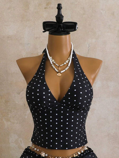 Women's 2-Piece Polka Dot Bikini Set - Ruffle Trim, Halter, Cropped Top, Black