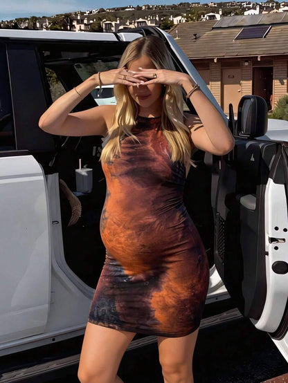 Brown Halter Tie Ruched Maternity Mini Dress - Sexy Slim Fit Knit Summer Beach Outfit and Elegant Party Maternity Wear