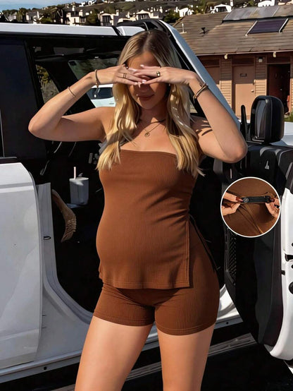 Maternity 2-Piece Set - Bandeau Top & Mini Shorts, Off Shoulder, Slim Fit, Brown