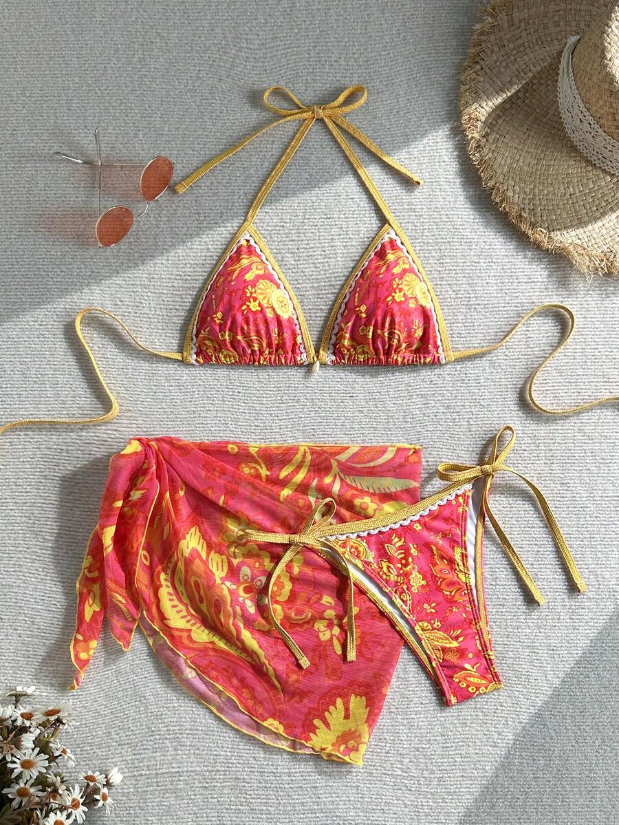 Swim Vcay Women Summer Vacation Floral Print Halter Bikini Set With Coverup & Skirt 3-Piece, Random Print