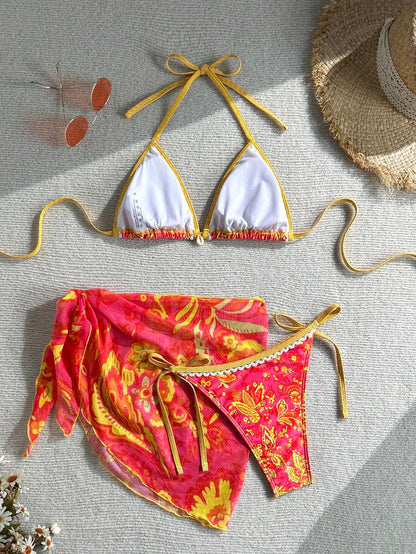 Women's 3-Piece Floral Halter Bikini Set - Skirt Bottom, Backless, High Waist, Blue and White