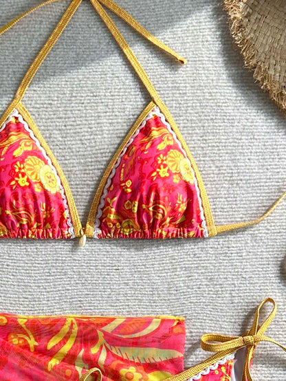 Swim Vcay Women Summer Vacation Floral Print Halter Bikini Set With Coverup & Skirt 3-Piece, Random Print