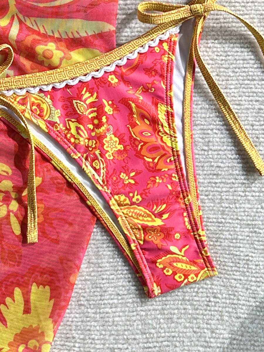 Women's 3-Piece Floral Halter Bikini Set - Skirt Bottom, Backless, High Waist, Blue and White