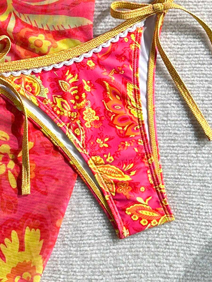 Women's 3-Piece Floral Halter Bikini Set - Skirt Bottom, Backless, High Waist, Blue and White