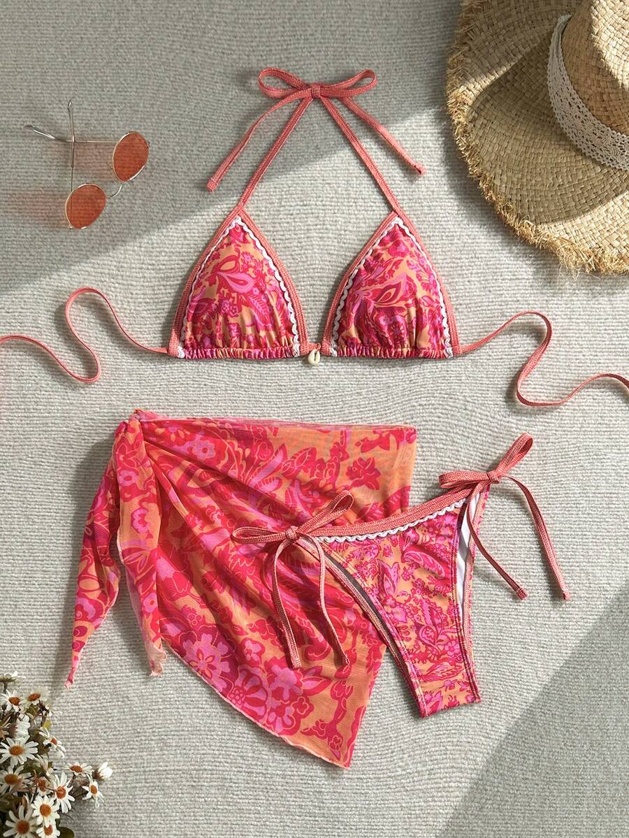 Women's 3-Piece Floral Halter Bikini Set - Skirt Bottom, Backless, High Waist, Blue and White