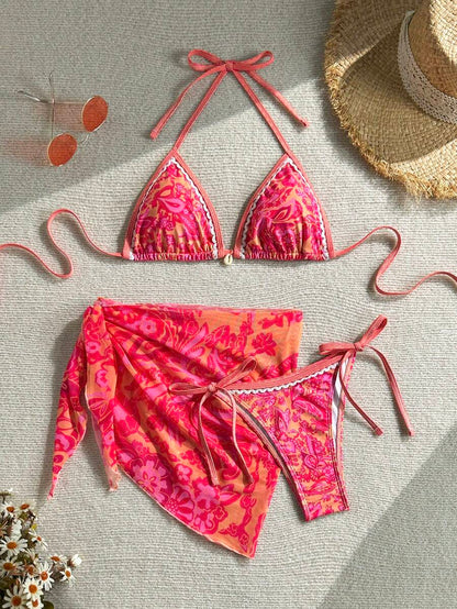 Swim Vcay Women Summer Vacation Floral Print Halter Bikini Set With Coverup & Skirt 3-Piece, Random Print