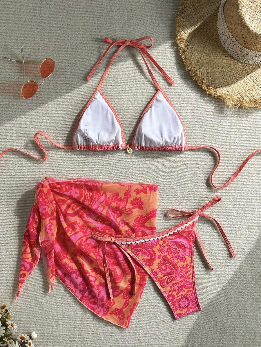 Swim Vcay Women Summer Vacation Floral Print Halter Bikini Set With Coverup & Skirt 3-Piece, Random Print