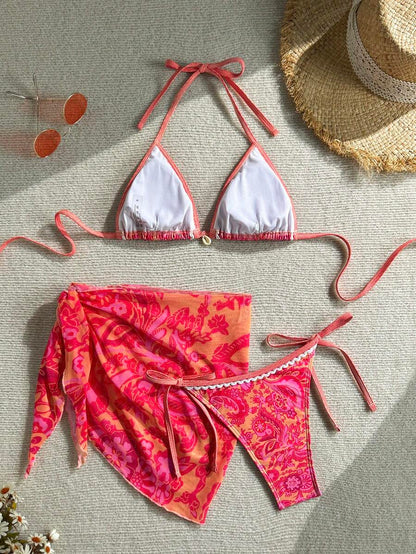 Women's 3-Piece Floral Halter Bikini Set - Skirt Bottom, Backless, High Waist, Blue and White